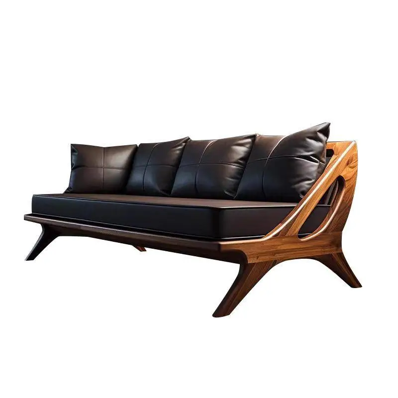 Walnut leather sofa household living room three or four people