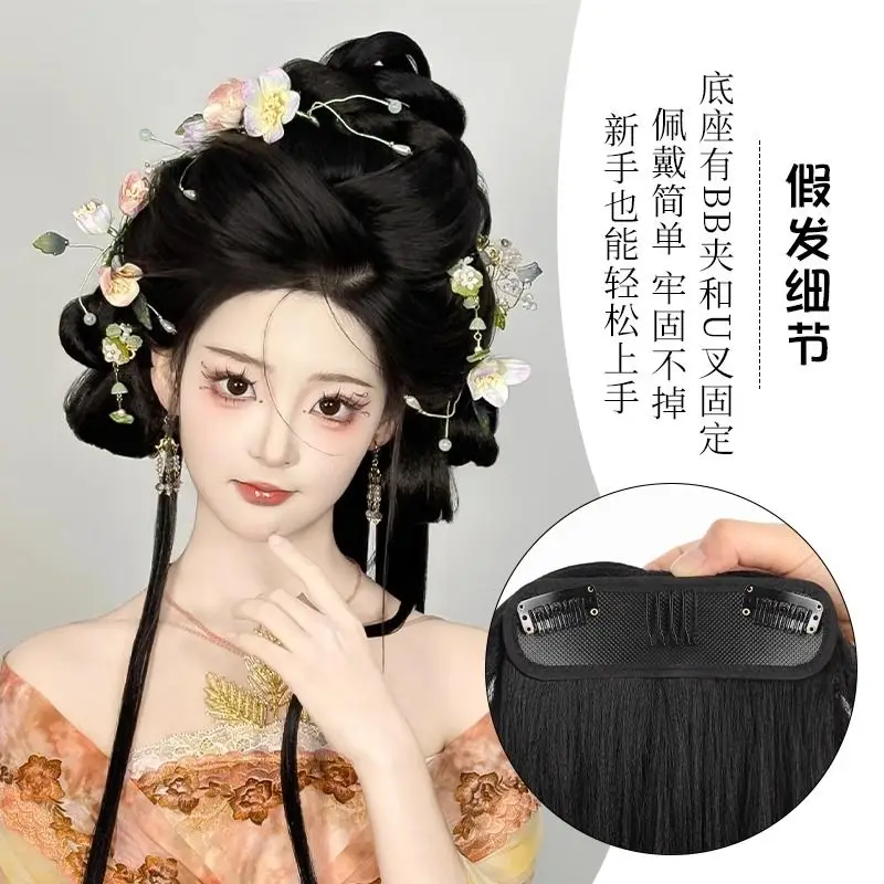 Complete Hanfu Hair System - All-in-One Ming/Tang Dynasty Fake Bun with Padding & Decorations Historical Hairpiece Complete Kit
