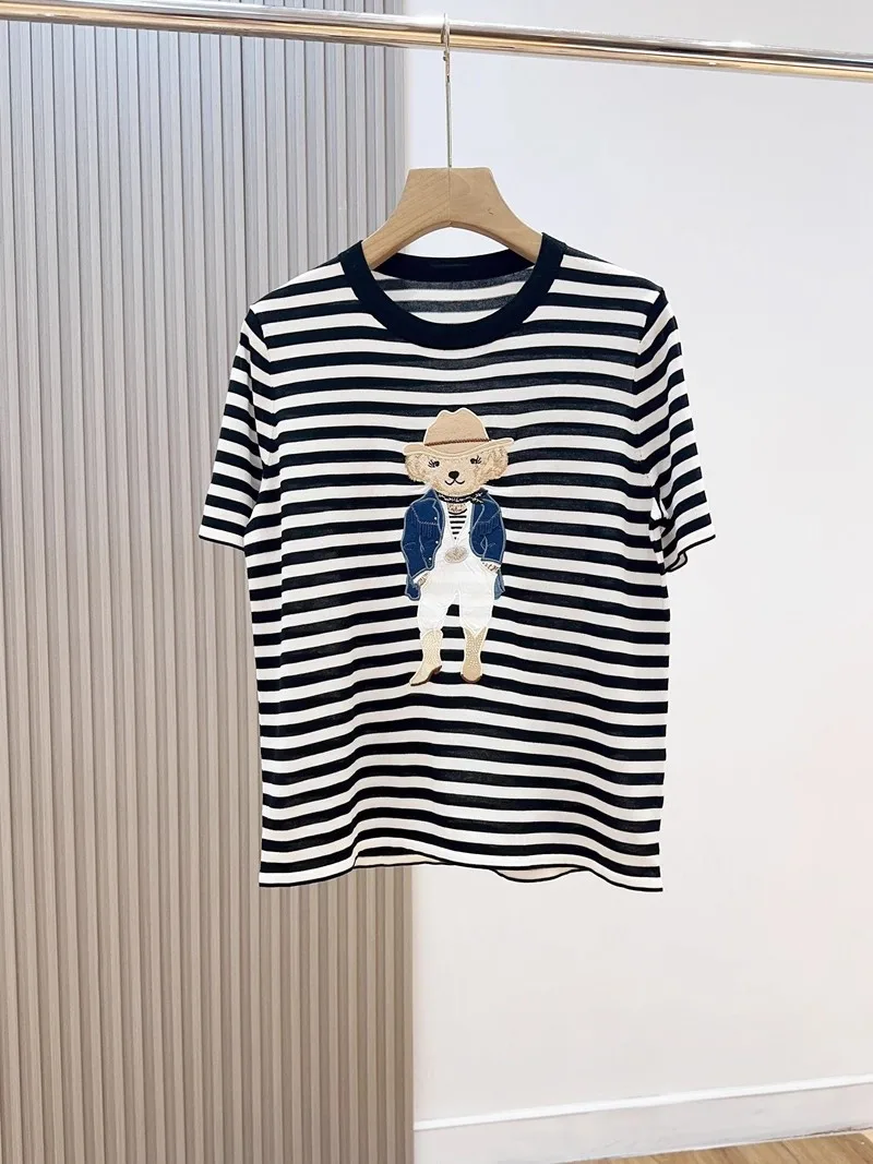 

Cute Bear Embroidered Silk ort Sve T-irt Women's round Ne Knitted Summer Casual Sle Patchwork Silk Top for Girls