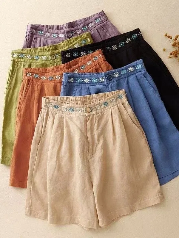 

Chinese Style Heavy Embroidery Cotton Linen Short Pants Women Loose Casual A-Line Five-Quarter Thermal Shorts Skirts