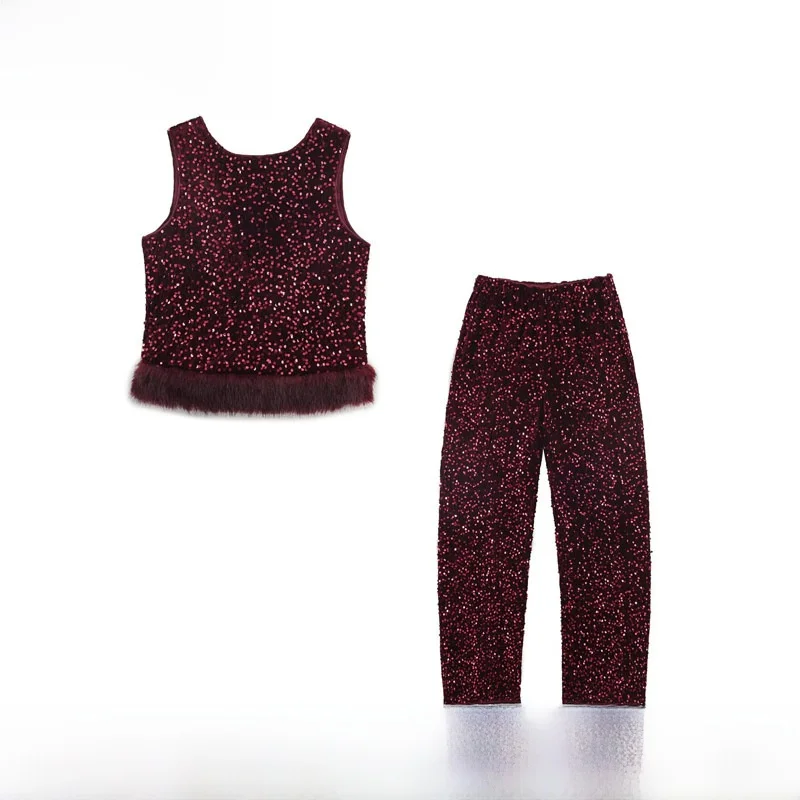 Fall Winter New Women's Fashion Set ZR Style Sequin Trimmed Bucket Top Long Pants European Style Adult Size No Sleeve