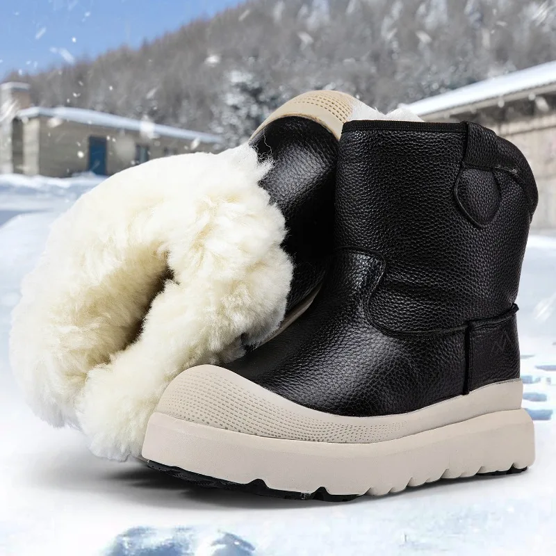 

British Fashion Increased Height Outdoor Cotton Shoes Men's Snow Boots Genuine Leather Thick Sole Casual Winter Wool Boots Male