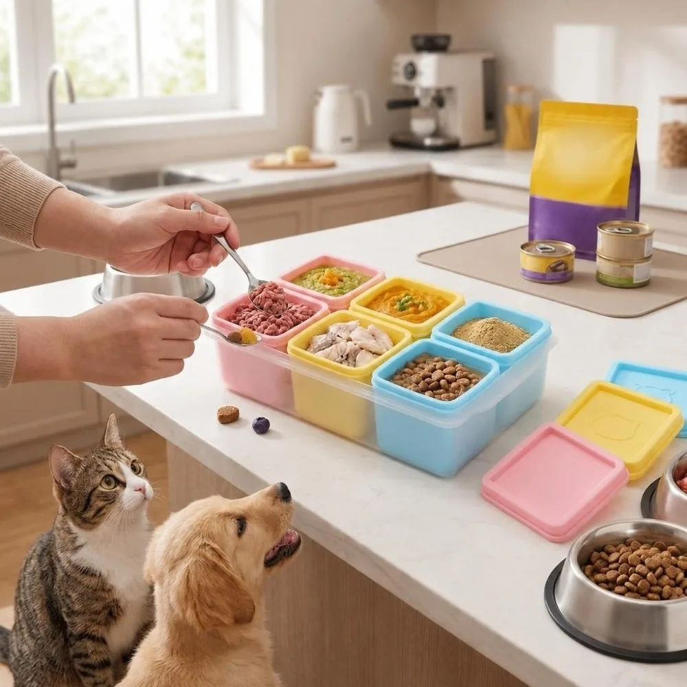 Reusable Silicone Pet Food Tray 6 Grid Easy Release 6 Compartment Container Stackable Lidded Lidded Food Tray Freezer Storage