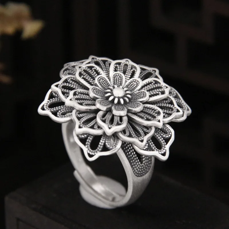 Uglyless 4 Layers Blooming Flowers Rings for Women Handicraft Filigree Stunning 26MM Huge Floral Rings Exotic 925 Silver Jewelry