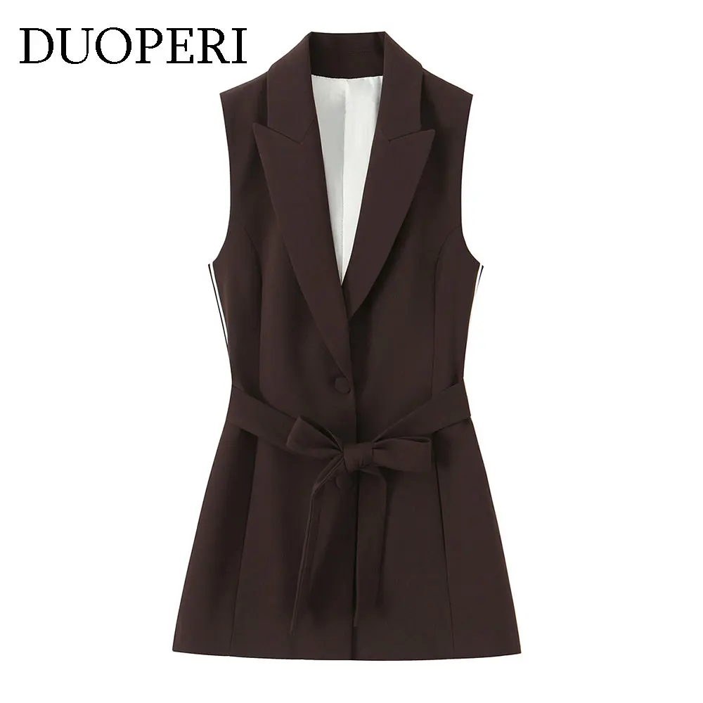 

DUOPERI женская мода с поясом синяя однобортная куртка без рукавов жилет повседневный вырез женские офисные женские жилеты