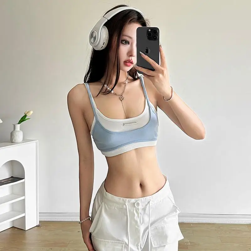 2026 Summer Fashion New Women's Elegant Design Sense Camisole Vest Color Blocked Two-piece External Exposed Navel Top