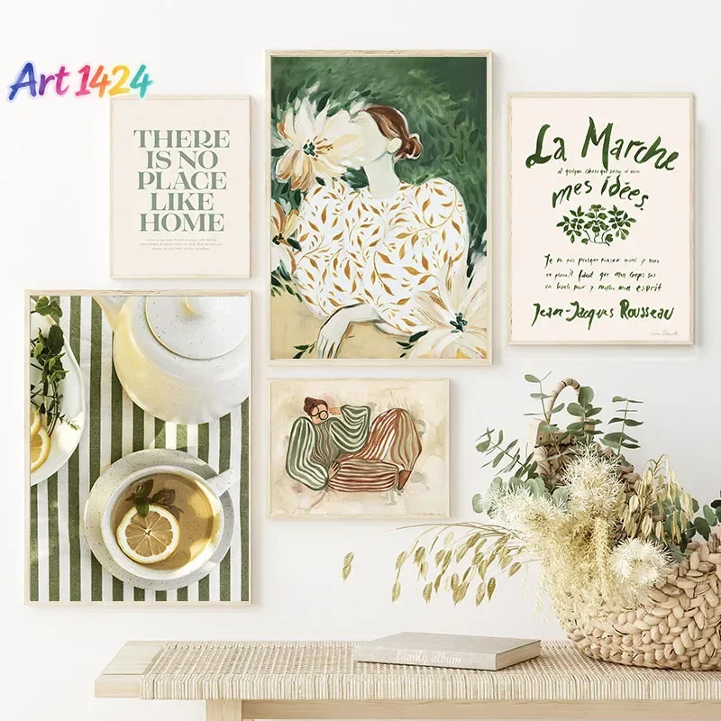 Girl Flower Leaf Lemon Tea Quote Wall Art Canvas Painting Abstract Posters Prints Hotel Bar Wall Pictures For Living Room Dec