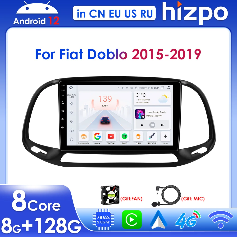 

Hizpo 9" Wireless Carplay Android Auto for Fiat Doblo 2015-2019 Car Radio Multimedia Video Player BT Stereo GPS RDS Navi 4G 2din