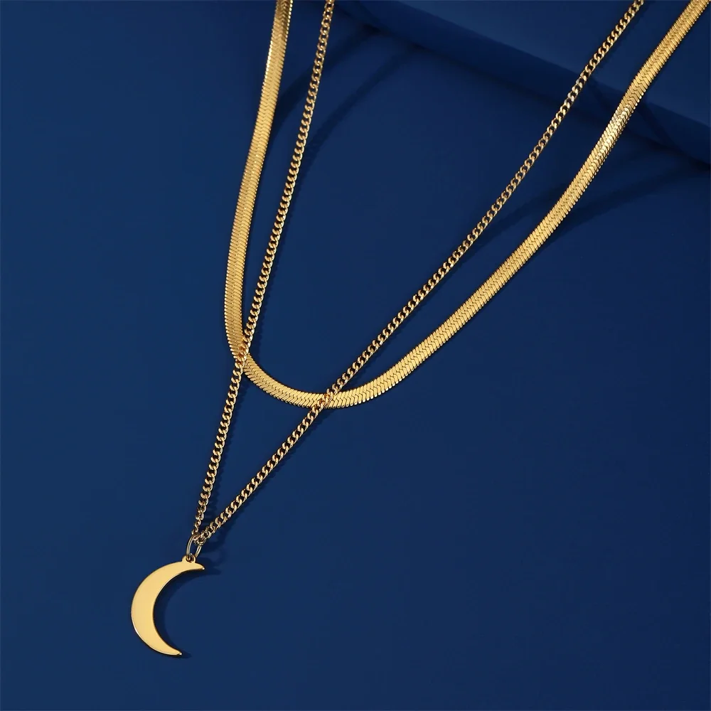 Skyrim Minimalist Moon Star Double Layer Necklace for Women Stainless Steel Simple Clavicle Snake Chain Bohemian Jewelry New