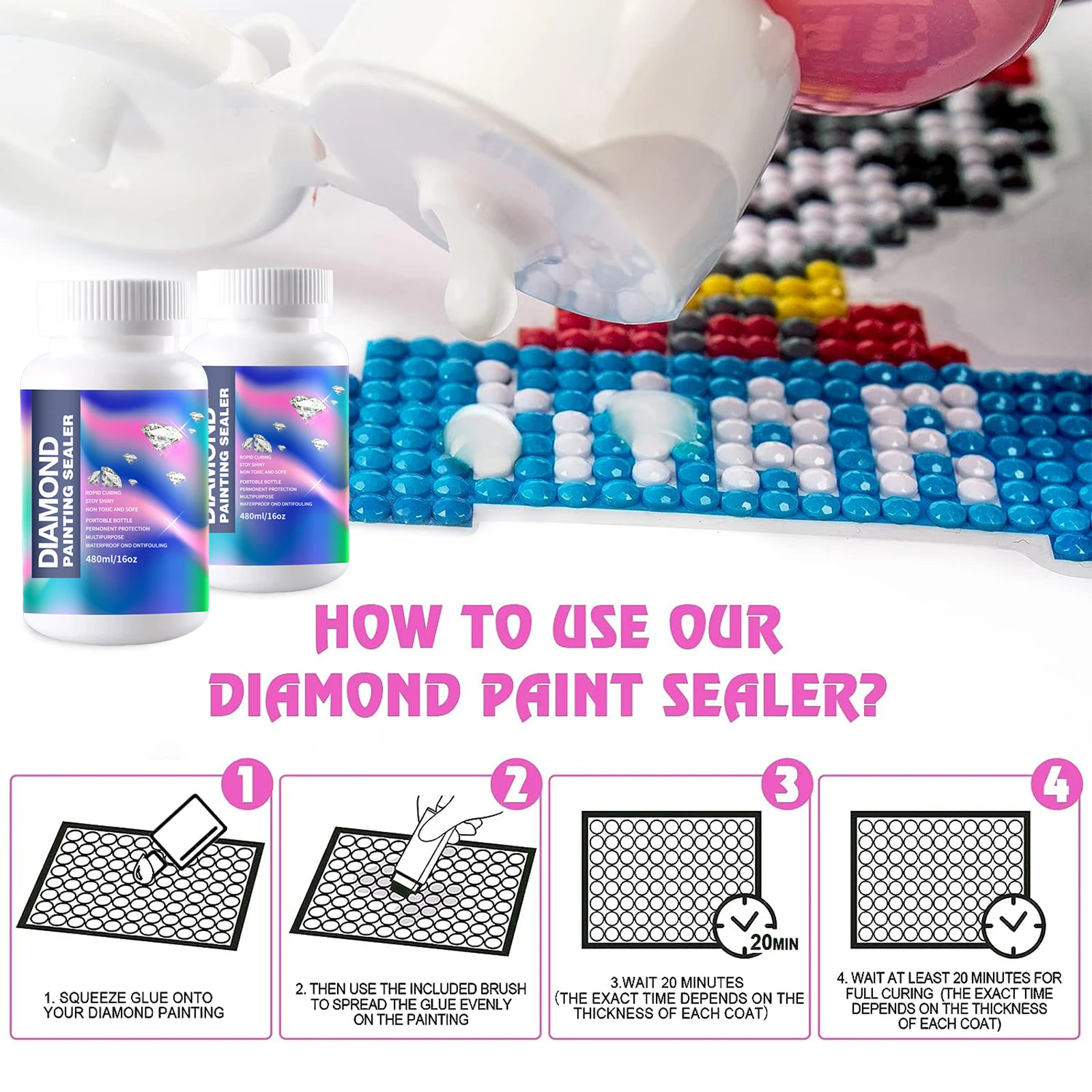 480ML(16oz) Diamond Painting Sealer Kits with 3 Pcs Brushes Diamond Art Sealer Puzzle Glue Accessories and Tools for Adults