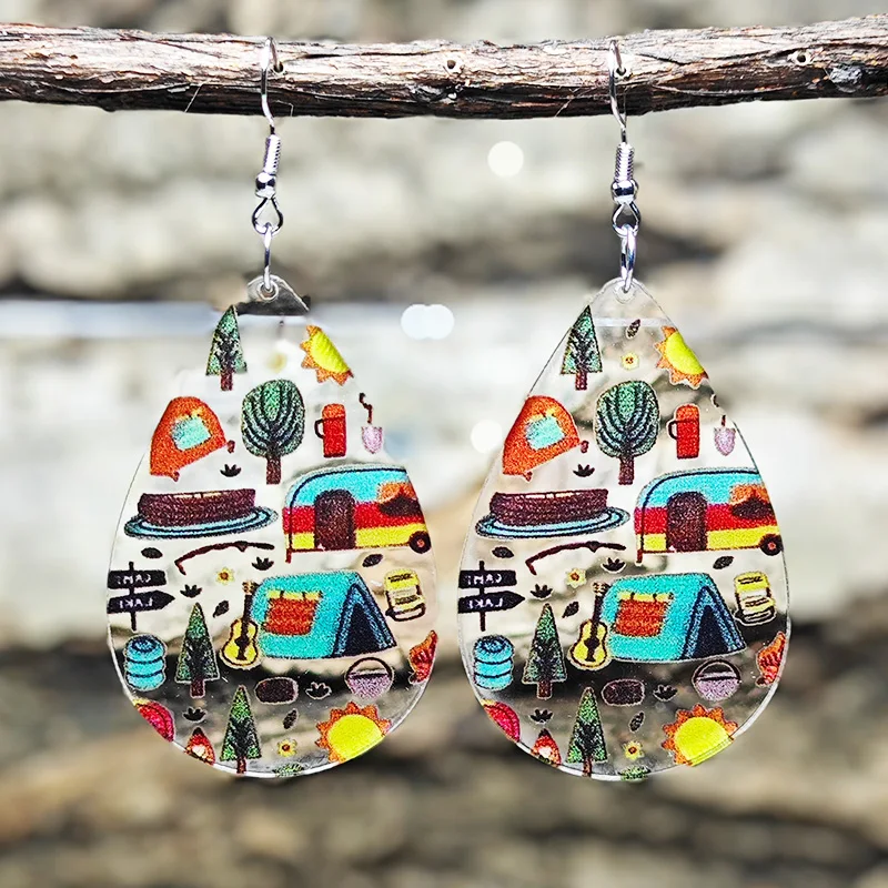 New Summer Camp Music Party Earrings Camping Bonfire Party Theme Earrings Double sided Transparent Acrylic Earrings Decorative