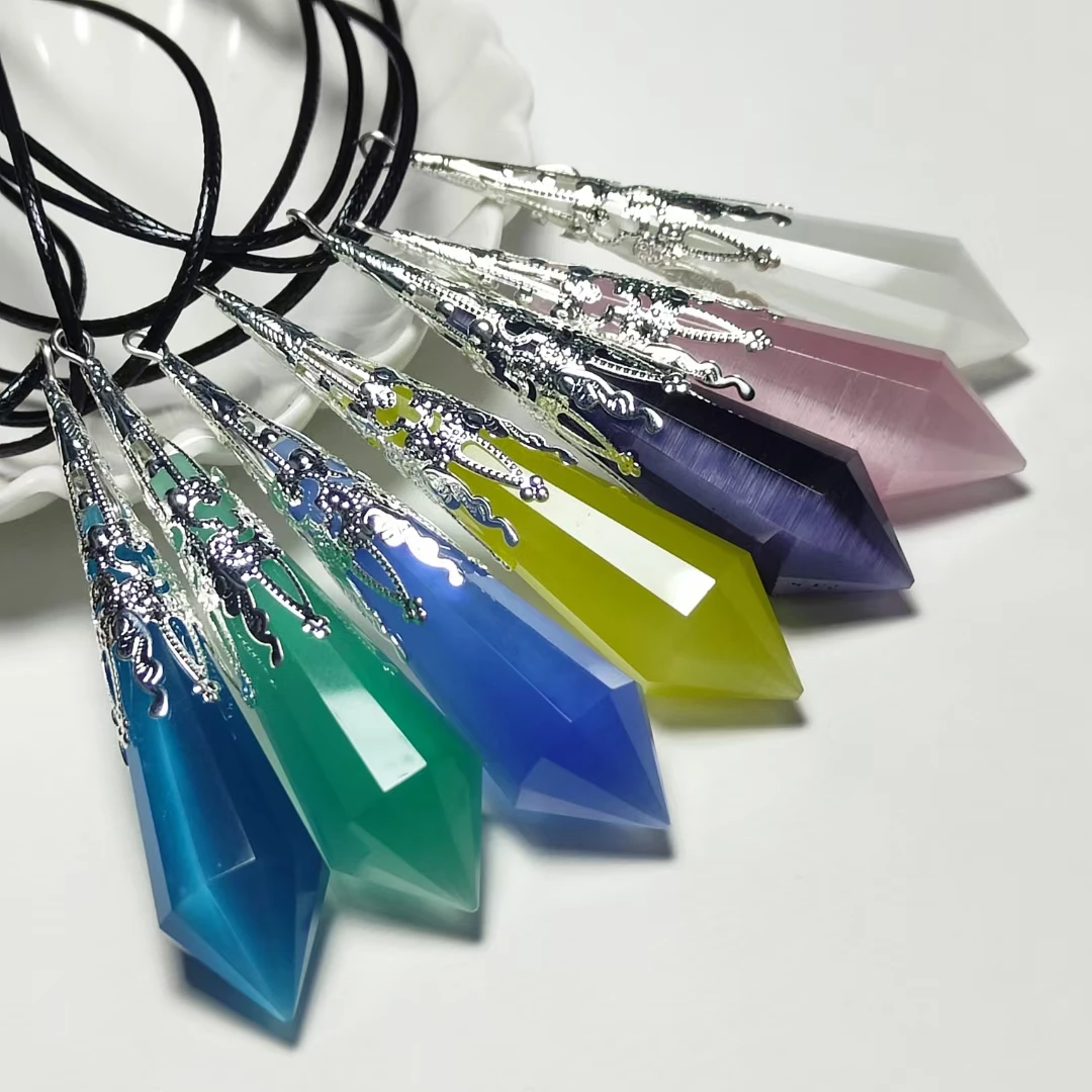 Natural Opal Stone Pendulums Hexagon Column Crystal Point Silver Color Chakra Crystal Pendants Reiki Pendulum Dowsing Pendule