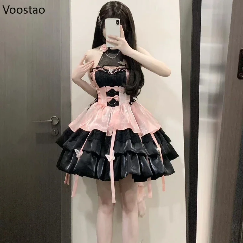 Sweet Lolita Princess Dress Women Vintage Victorian Bow Lace Ruffles Sleeveless Party Mini Dresses Girl Elegant Gothic Y2k Dress