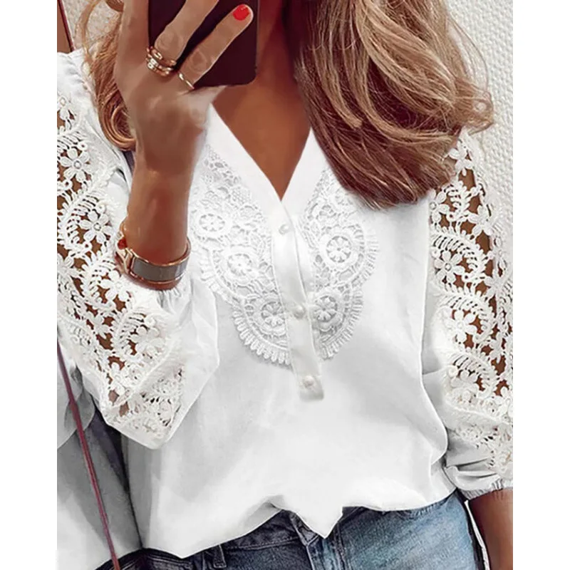Spring Lace Patchwork V-Neck Button Shirt Women's Casual