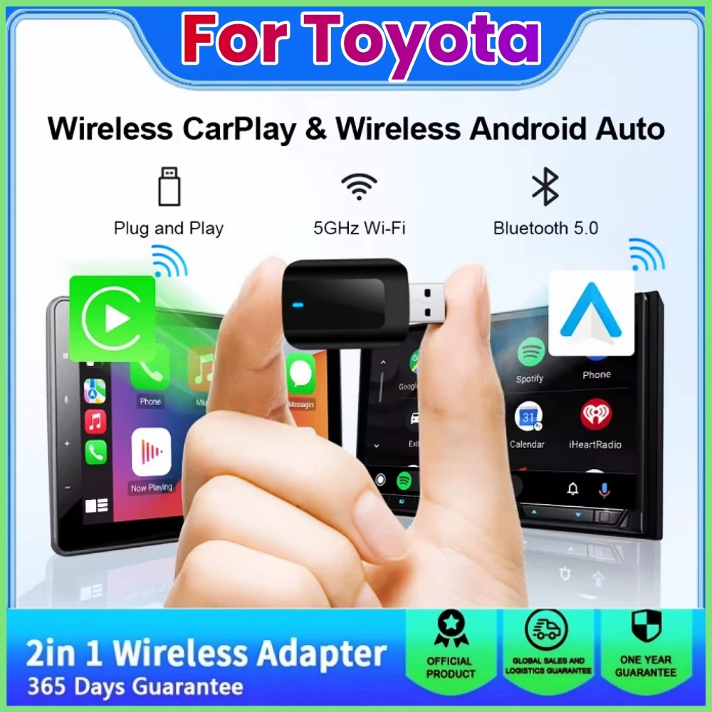 

New Mini Wireless Carplay Adapter Android Auto 2 in 1 Plug and Play For Toyota RAV4 Camry Corolla Crown Highlander Tacoma Prius