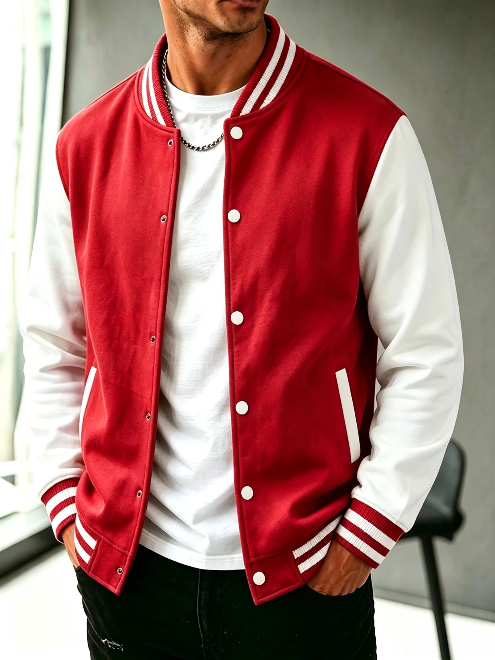 Men'S Color-Block Patchwork Baseball Jacket, Stand-Up Collar Button-Up Casual Coat, Side-Pocket Preppy Top