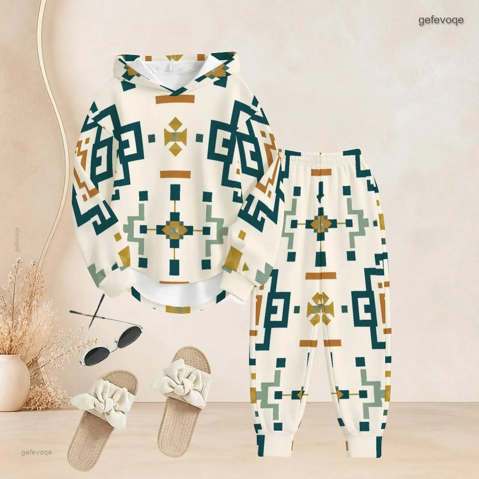 Black and White Abstract Geometric Printed Long Sleeve Hoodie and Cuffed Pants Two Piece Set