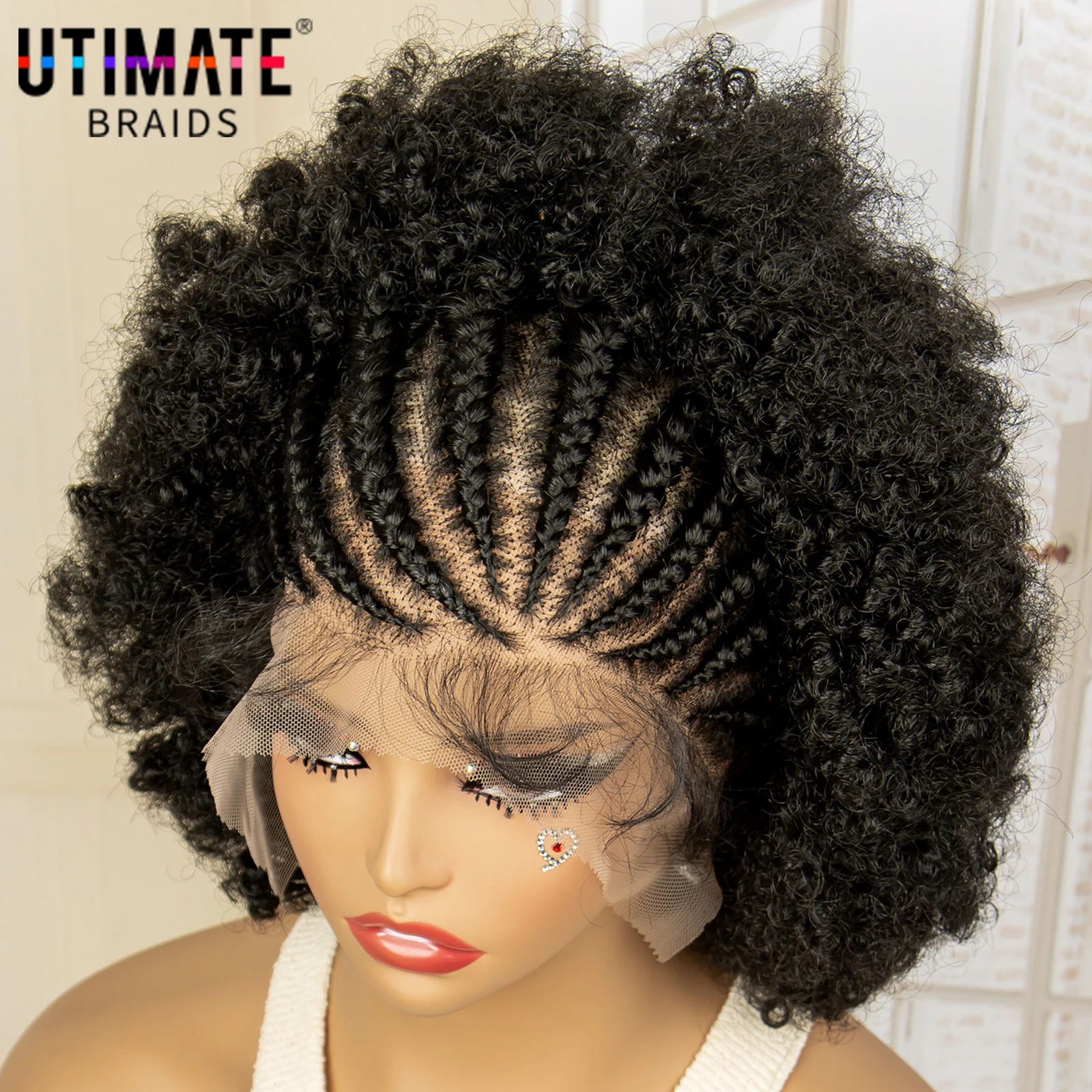 Full Lace Synthetic Transparent Lace Hair Wig Cornrow Braided Wigs Afro Kinky Curly Hair Wig with Baby Hair for Black Women