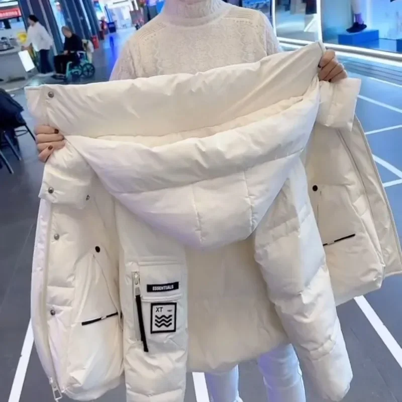 Creamy White Short  Down Jacket Women  Thickened Winter Fashion Small Man Hooded Loose Design Simple Commuter Short Trench Coat