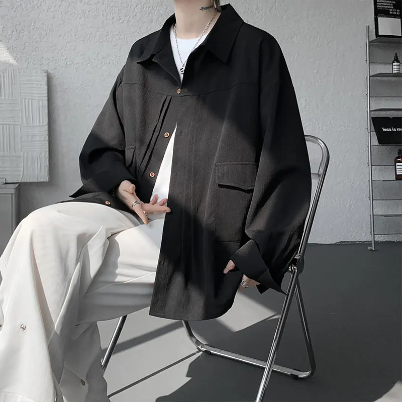 M-XXXXXL Solid Color Long Sleeve Casual Shirt Single Breasted Pocket Loose Fit Blouse Spring Autumn Top Streetwear Clothing Men