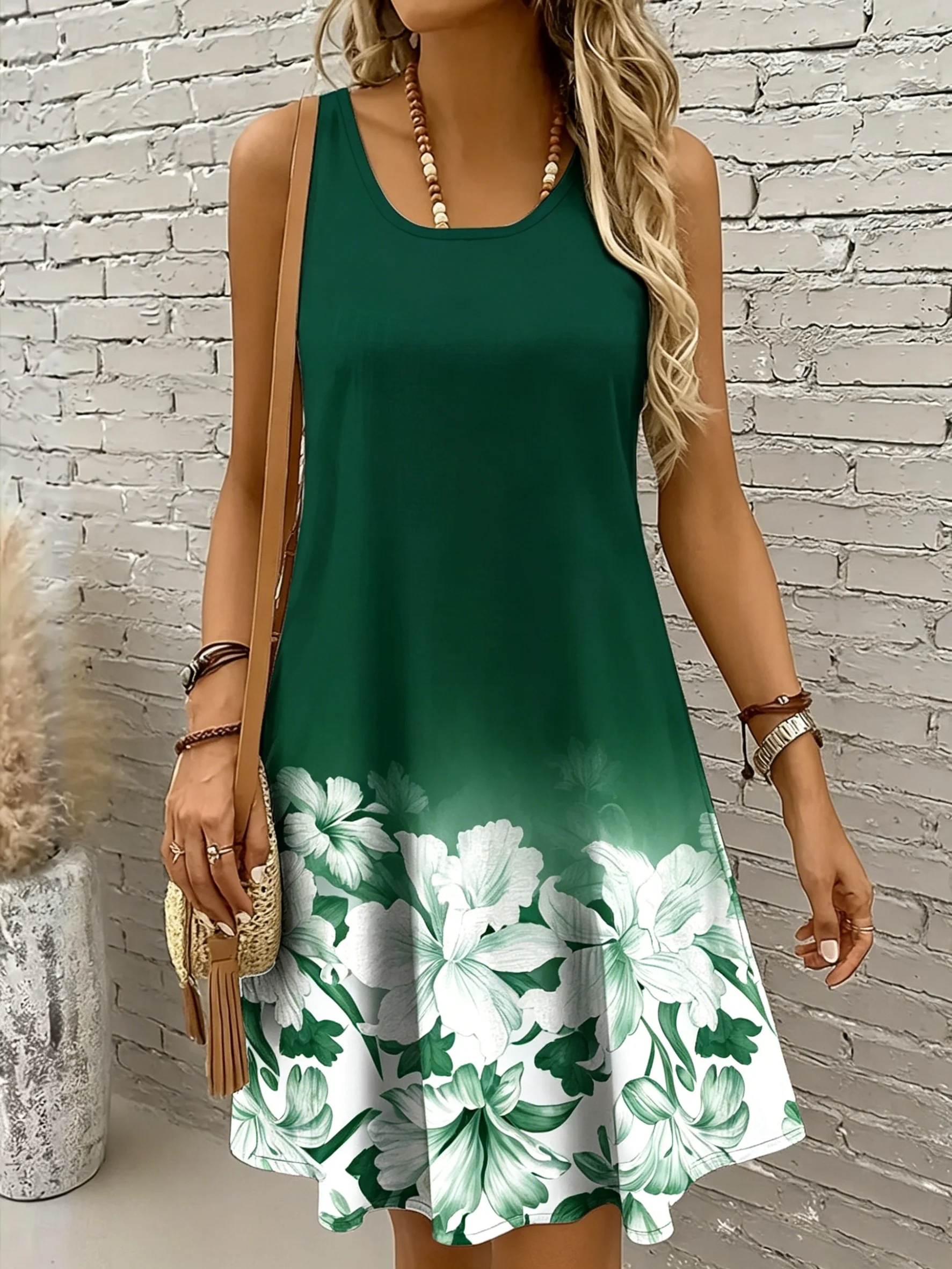 

Women's Round Neck Sleeveless Gradient Floral Print Casual A-Line Mini Dress, Elegant Tank Dresses for Spring & Summer