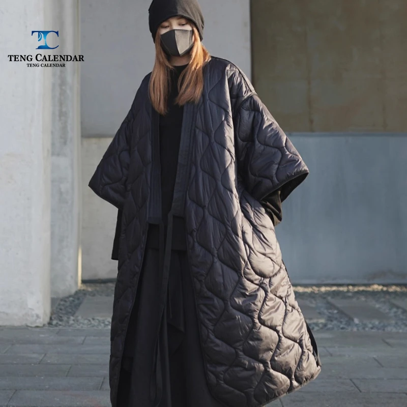

Retro diamond stitched cotton jacket, dark Japanese Yamamoto style knee length diamond grid jacket, women 2025 winter new style
