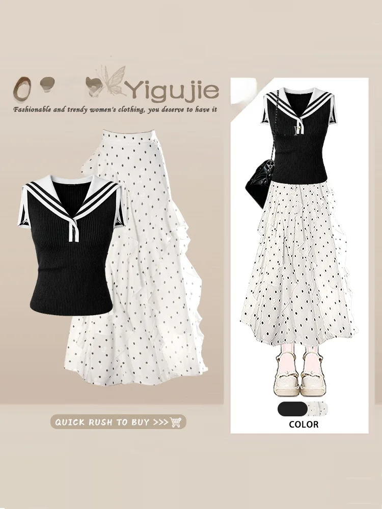 Sweet Navy Stripe Color Block Vest Top Polka Dot Hemmed Blouse Half Skirt Two Piece Set Summer Fashion Women's Outfit