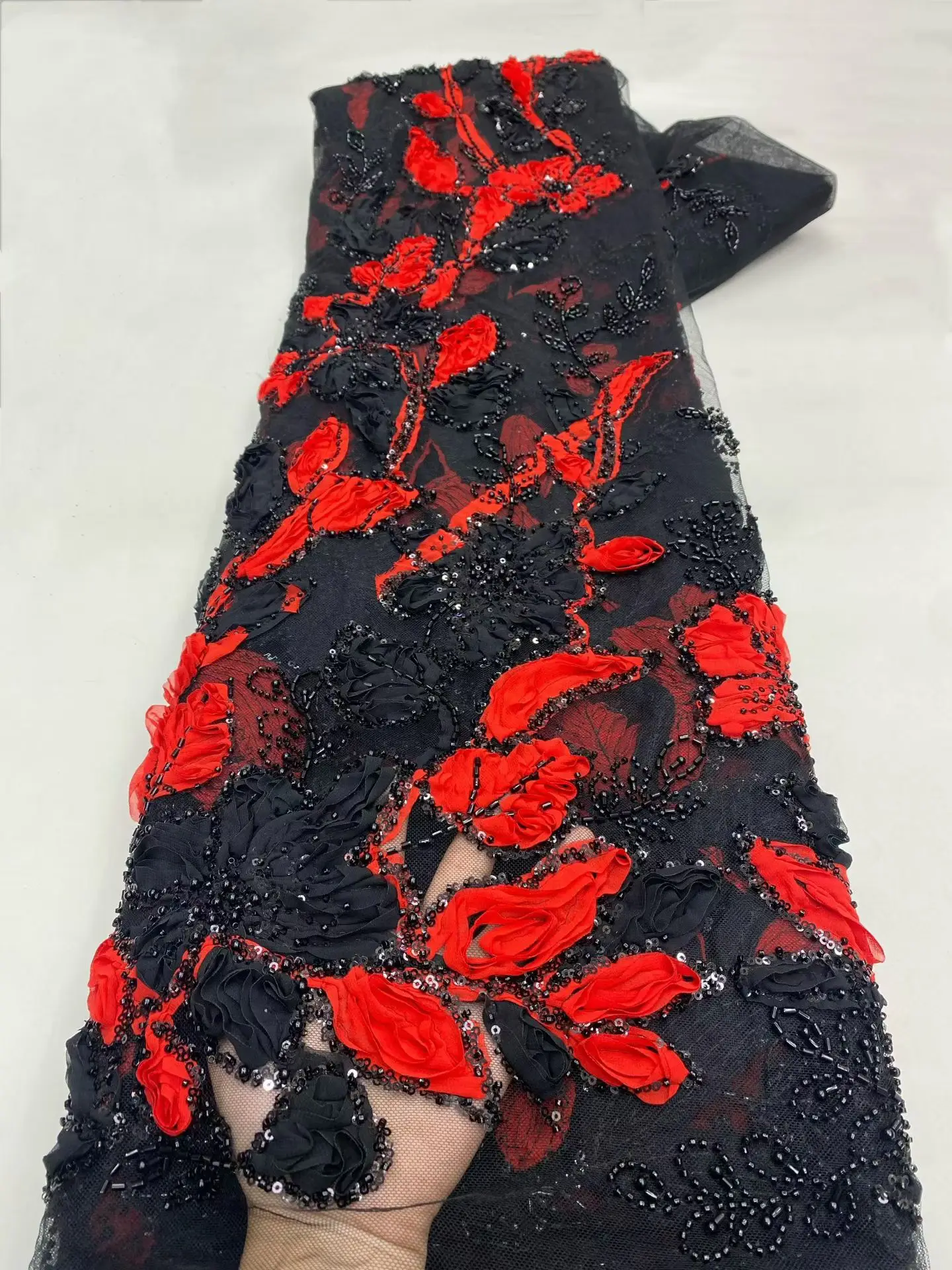 

African Lace Fabric 2025 Sequins Beaded Embroidery Groom Nigerian Bridal High Quality French Black Red Lace Fabric For Dress