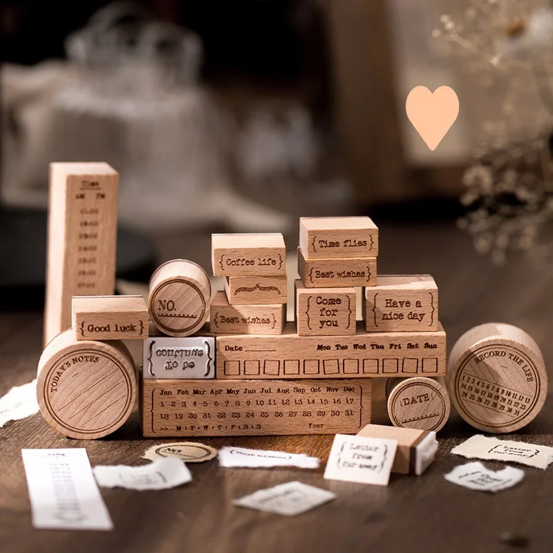 Wooden Rubber Stamp Set Date Diary Time Wonderful Blessings Vintage Simplicity DIY Handbook Decoration English Material Prints