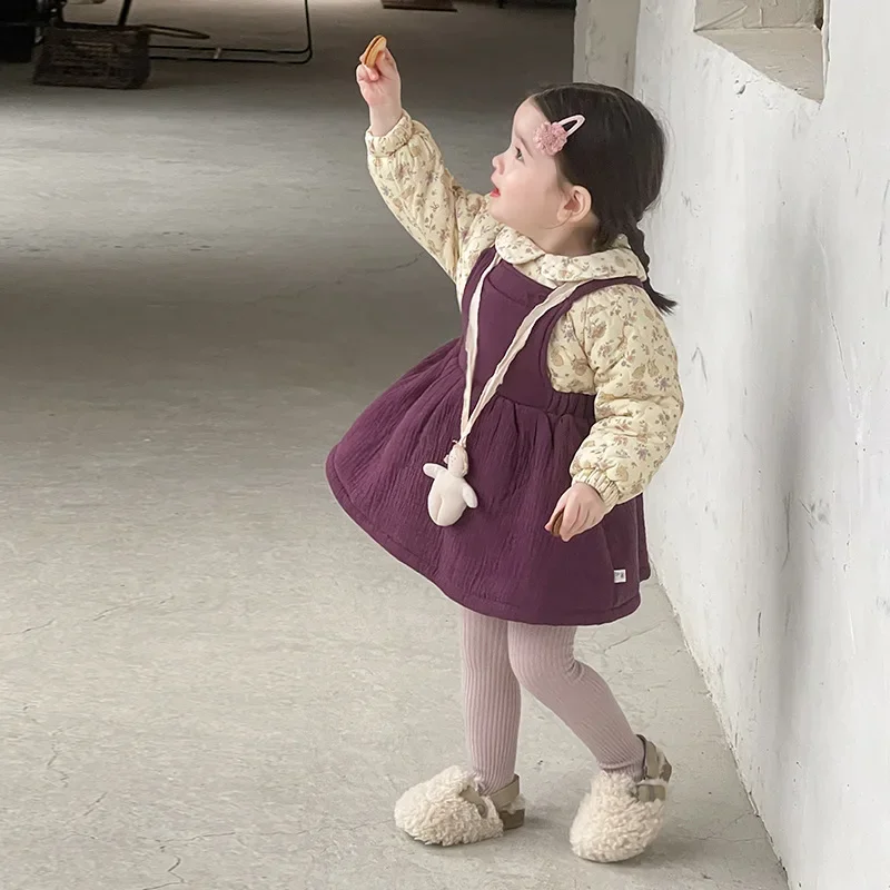Girls Suits 2024 Autumn and Winter New Childrens Clothes Baby Girls Foreign Style Cotton Dress Straps Skirt Two-piece Set image 2