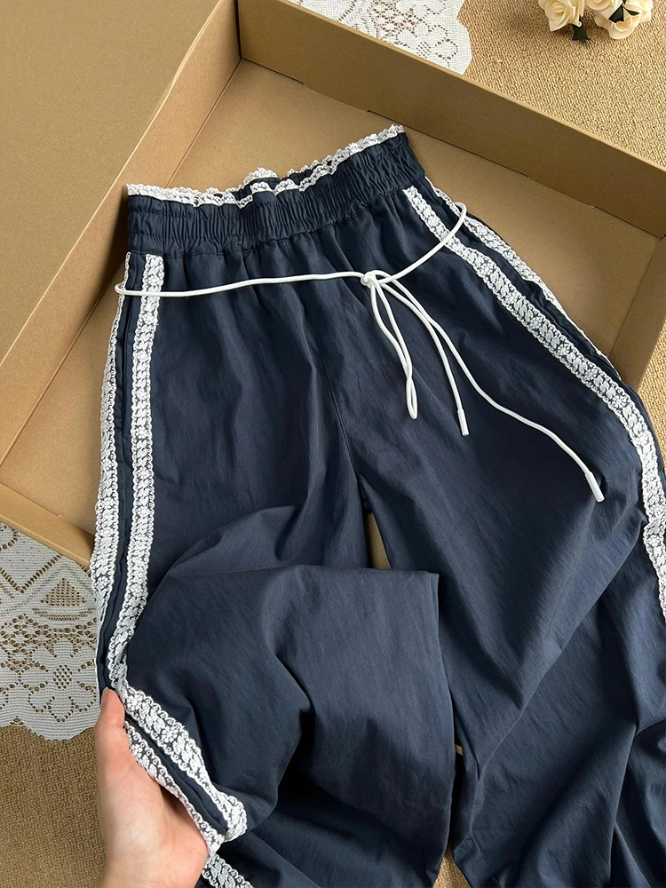 Koreańskie spodnie damskie z wysokim stanem, w paski, z koronkowymi wstawkami, letnie, cienkie, z szerokimi nogawkami, codzienne, sportowe, do pracy, styl Sle ket.