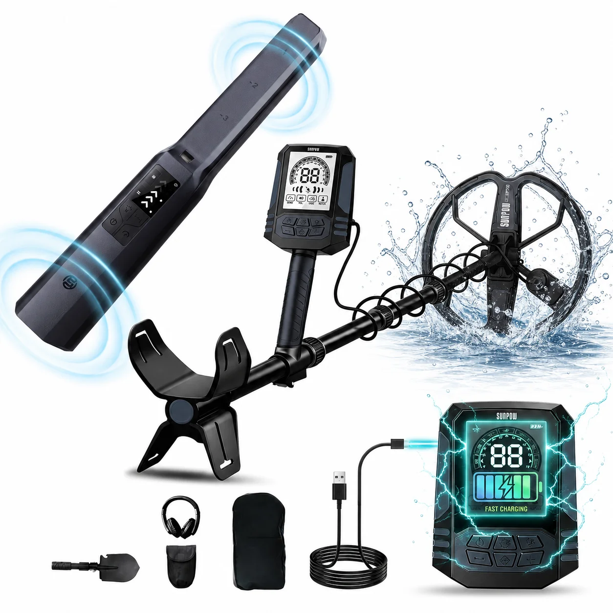 SUNPOW Professionelles Untergrund‑Metalldetektor‑Set für Erwachsene, USB‑C Lithium‑Akku LCD mit Pinpointer, IP68 DD‑Spule, 4 Modi 7 Metall‑ID für Goldsuche am Strand & Fluss