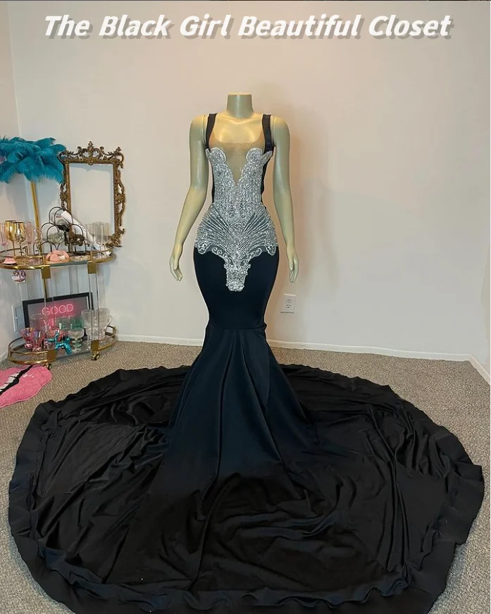 Elegant Black Evening African Girls Backless Square Neck Prom Dresses 2024 Applique Sequins Decoration Formal Dresses