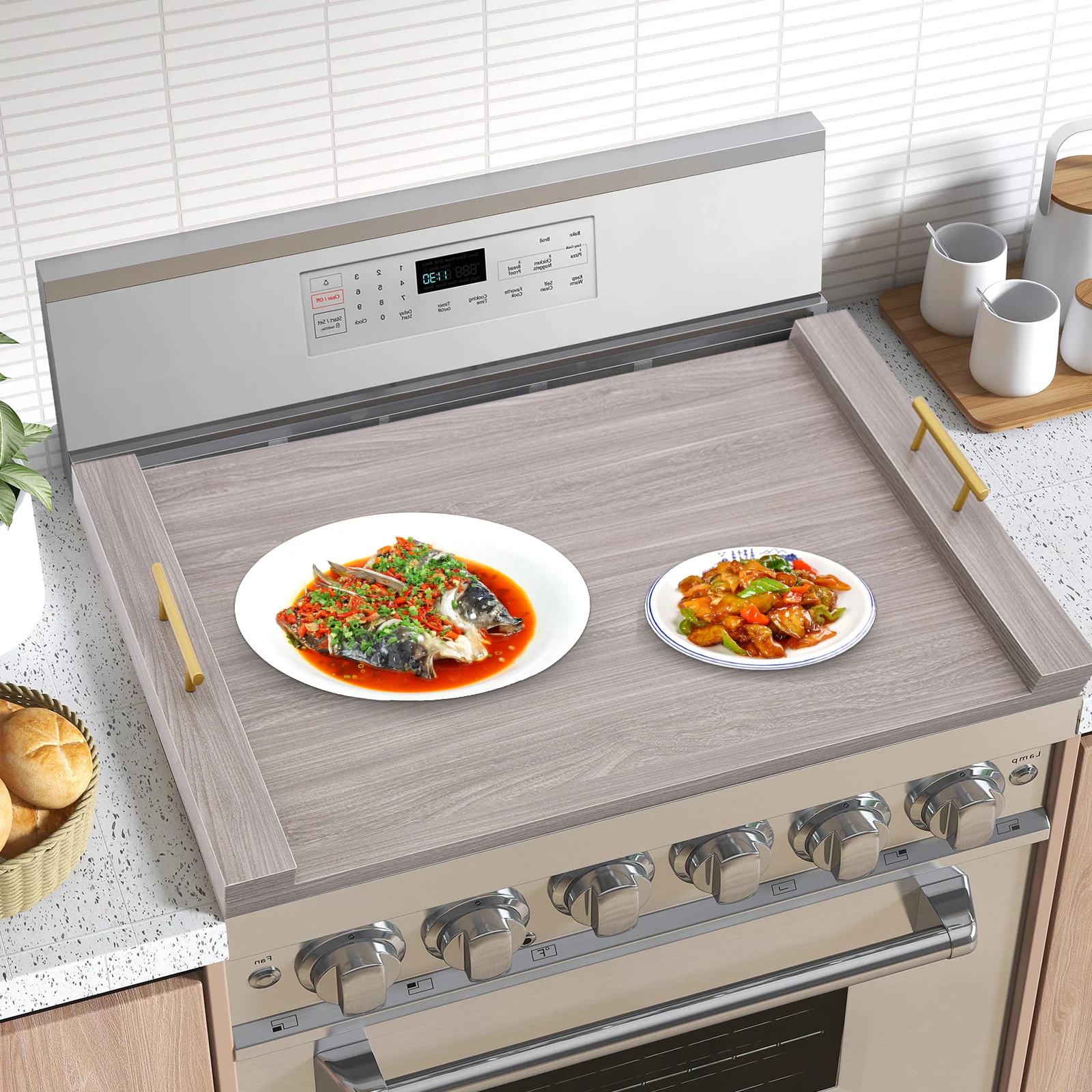 

76*55*6cm/29.9*21.6*2.4in Stove Top Cover, Oak White Noodle Board Stove Covers, Stovetop Plate for Home kitchens, Restaurants