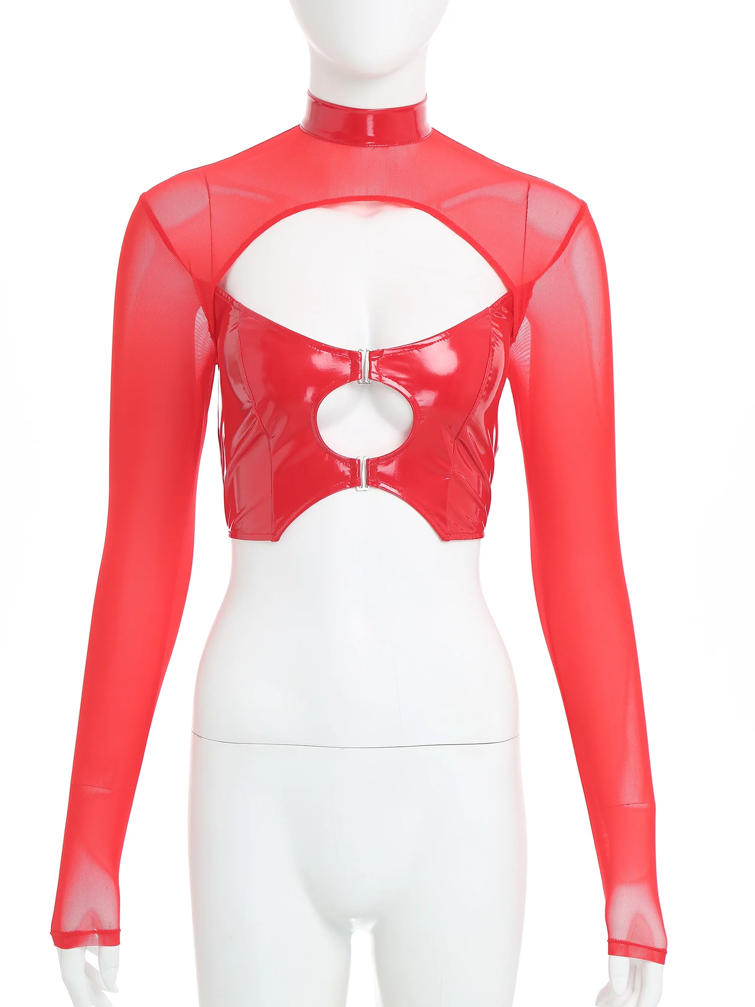 Womens Glossy PU Leather Latex Crop Top Sheer Mesh Long Sleeve Chest Hollow-Out Blouse Wet Look Pole Dance Raves Party Clubwear