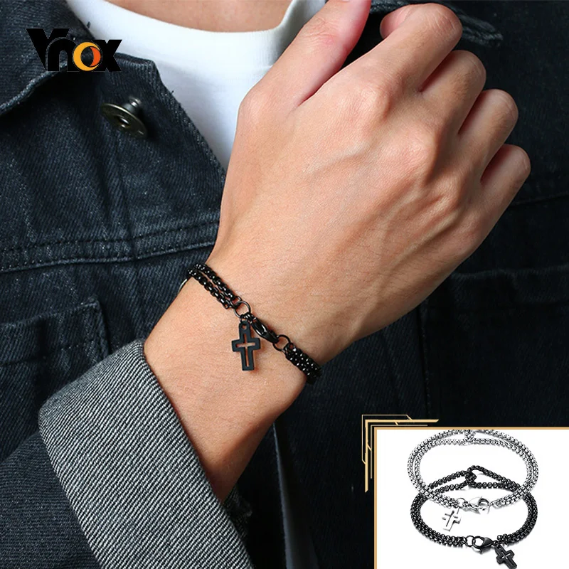 Vnox Simple Layered 3mm Rolo Chain Bracelets for Men,Round Box Link With Cross Charm Wristband,Christ Prayer Vintage Dad Gift