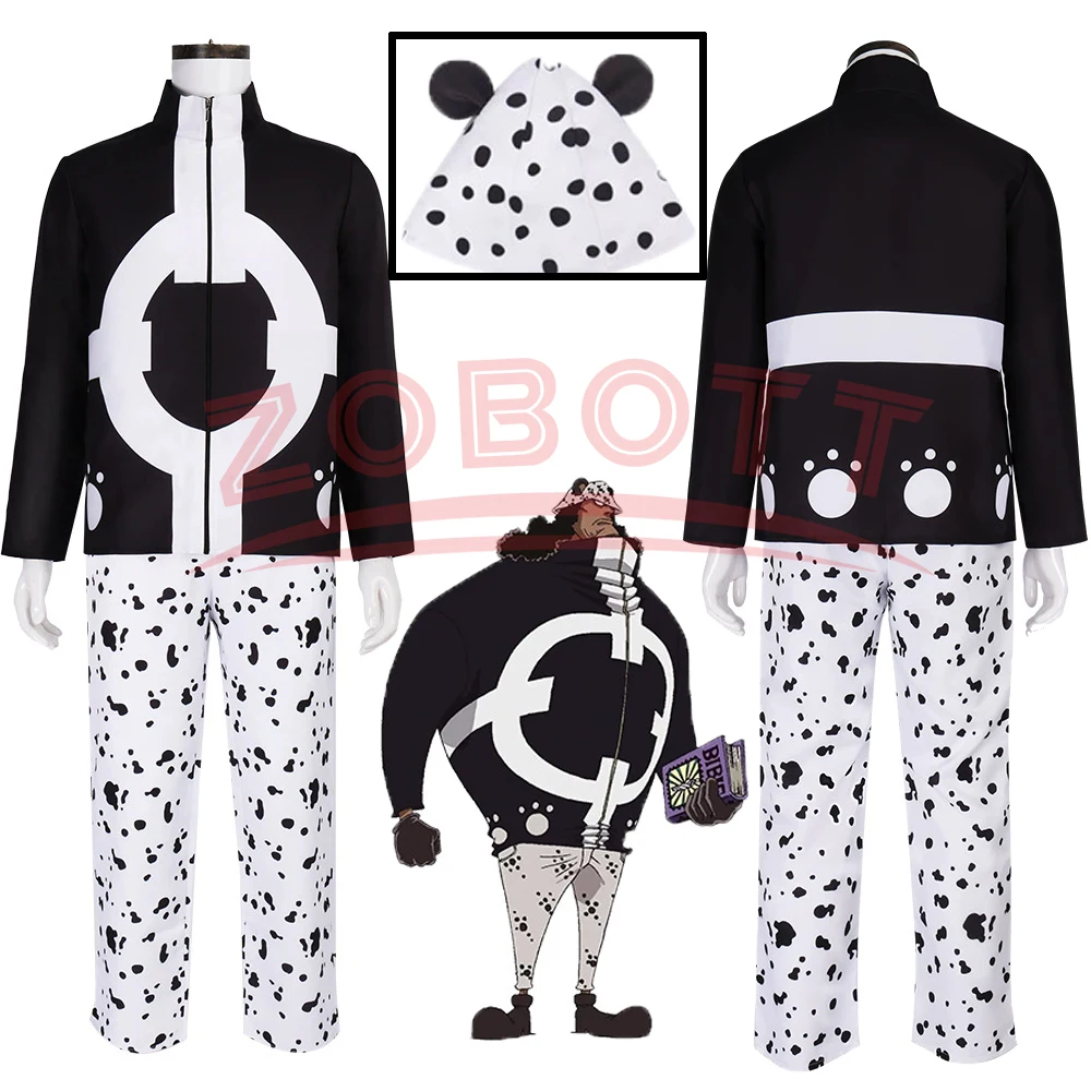

Bartholemew Kuma Cosplay Costume Hat Nikyu Nikyu No Mi Black Long Sleeves Coat Tops Spot Printing Pants Hat Man Halloween Suit