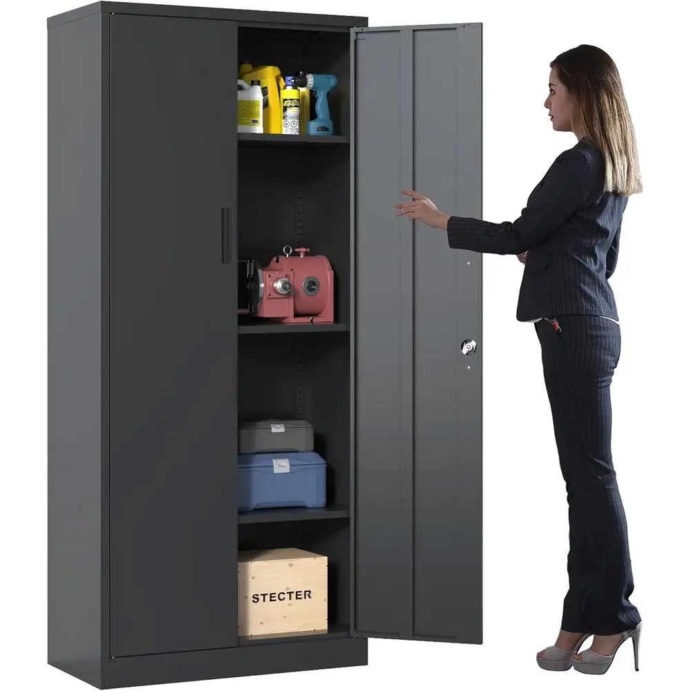 

Металлический шкаф для хранения с регулируемыми полками, шкаф для гаражных инструментов с 2 запираемыми дверцами для офиса, дома, гаража, требуется сборка