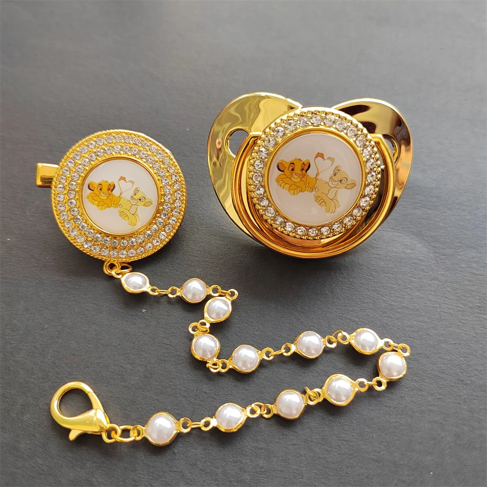 Golden Bling Pearled Luxury Baby Pacifier Gold Rhinestone Cute Pacifier Clips Winnie Pooh Simba Lion King Disney Attache Tetine