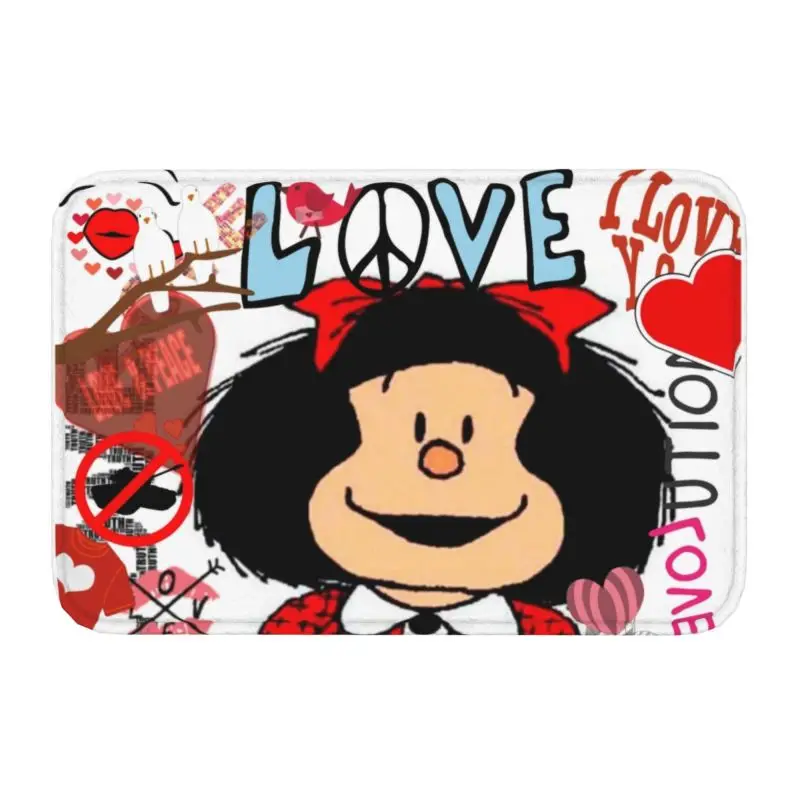 Love And Mafalda Surrounded By Hearts Front Door Mat Anti-Slip Quino Manga Cartoon Doormat Kitchen Balcony Entrance Rug Carpet