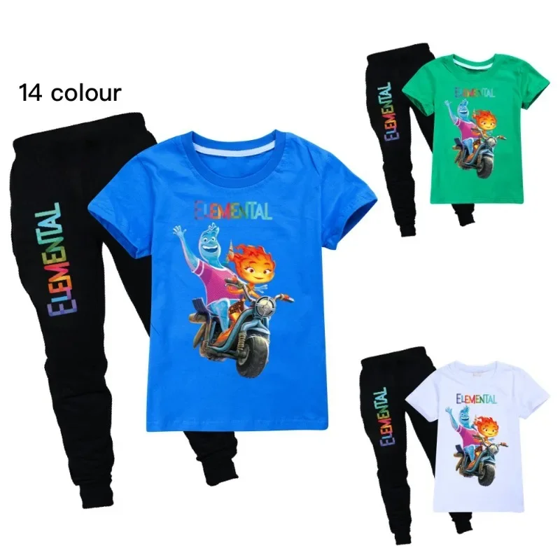 Summer Water Fire Elemental Crazy Element City Suit Children Cosplay Sportswear Set Boy and Girl Short Sleeved T-shirt long Pant