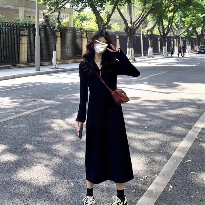 Black Hooded Slim Fit Dress for Women Loose and Lazy Style Worn Inside and Outside Long Skirt