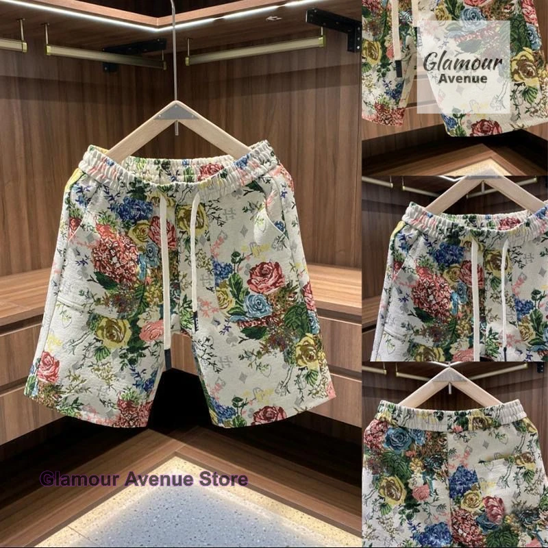 Korean retro painted rose flower shorts women's summer new fashion personalized beach pants fashion printed casual pants.