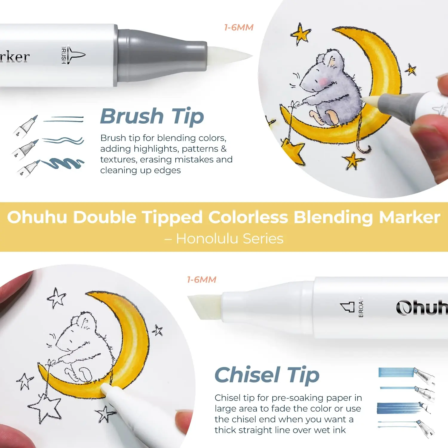 Imagem -06 - Ohuhu Honolulu Incolor Blender Marker Tinta à Base de Álcool Clear Blender para Adicionar Destaques Texturas Apagamento Pacote de 6