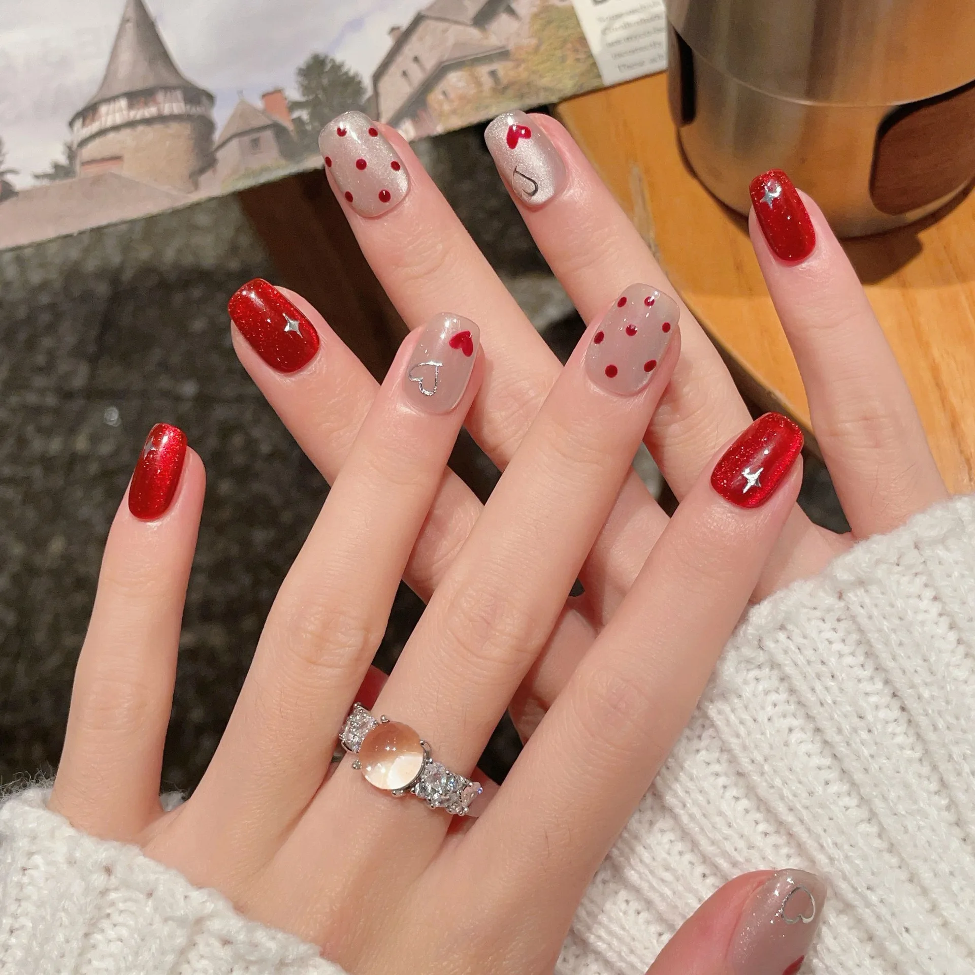 10pcs Handmade Press on Nails New Year Red Heart and Polka Dot Glitter Cat Eye False Nail for Women&Girl Removable Wearable Nail