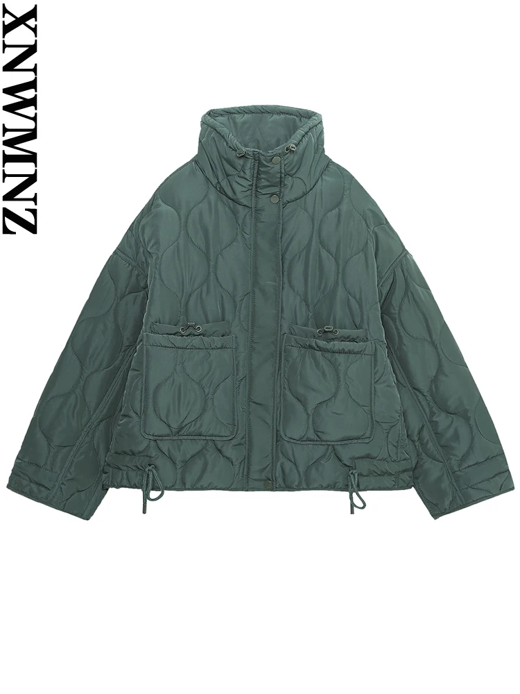 

XNWMNZ Women Fashion Autumn Winter Parka Coat Loose Stand Collar Pocket Padded Parkas Female Green Jacket Female Warm Outwear