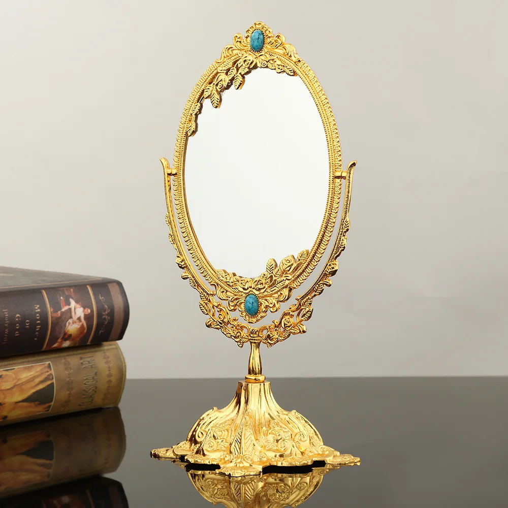 Light luxury retro exquisite makeup mirror Nordic desktop fashion makeup mirror Bedroom desktop ornament Double-sided