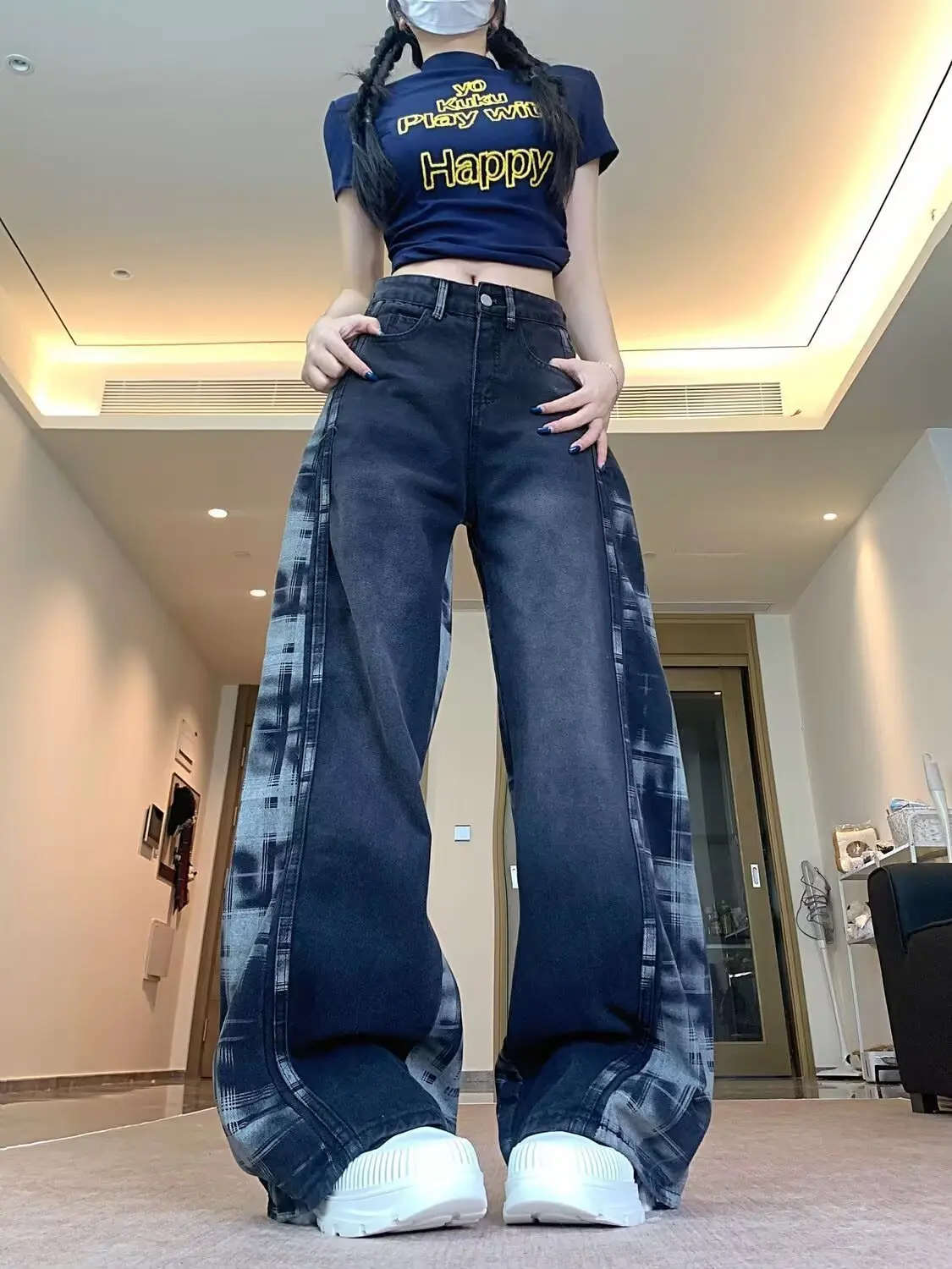 American Y2K Retro Side Plaid Contrast Color Spliced Jeans Women Spring Autumn High Waist Loose Drape Wide-leg Pants
