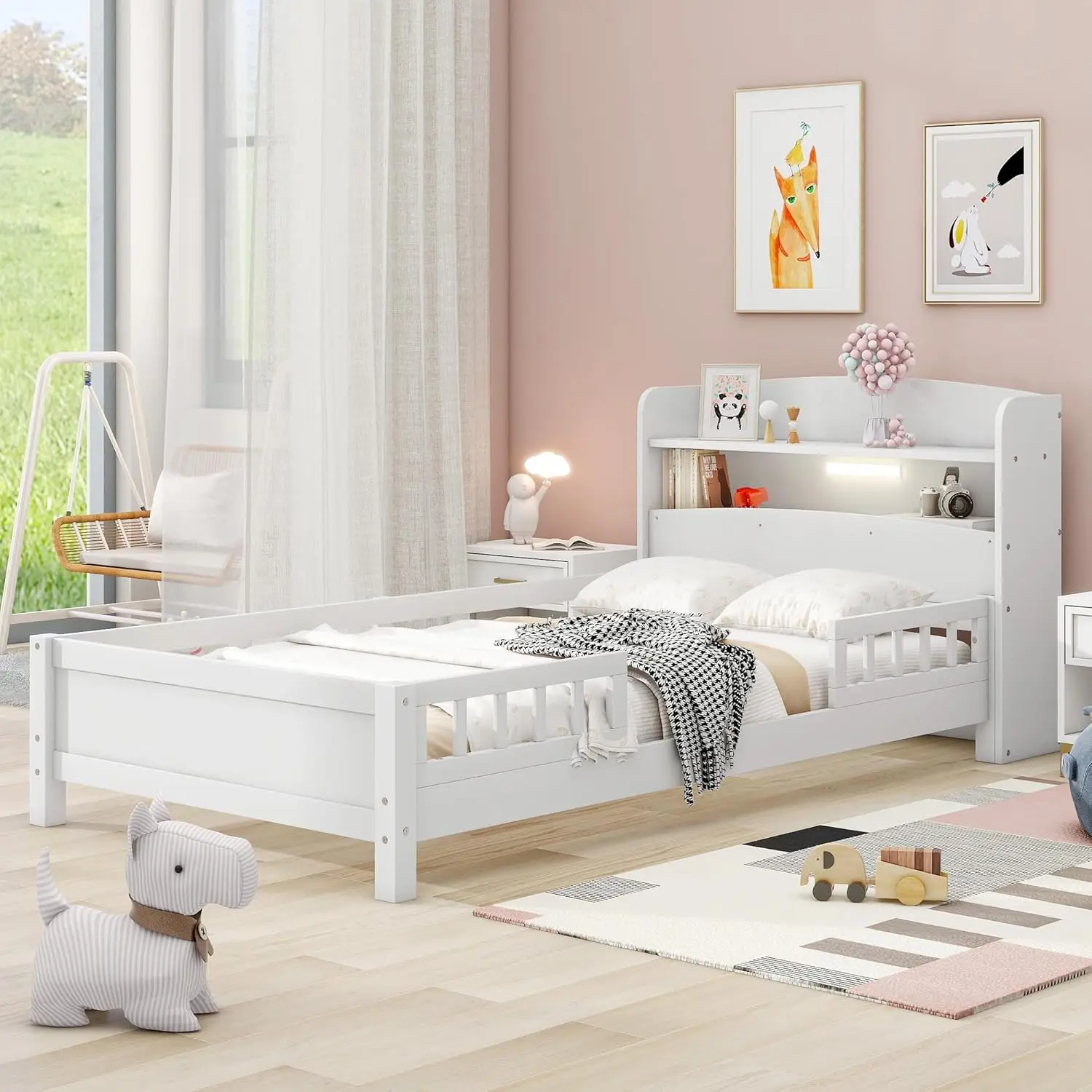 

Kids Twin Bed With Storage Headboard And Guardrail, Wood Twin Platform Bed Frame With Built-In Led Light, For Girls Boys (Twin