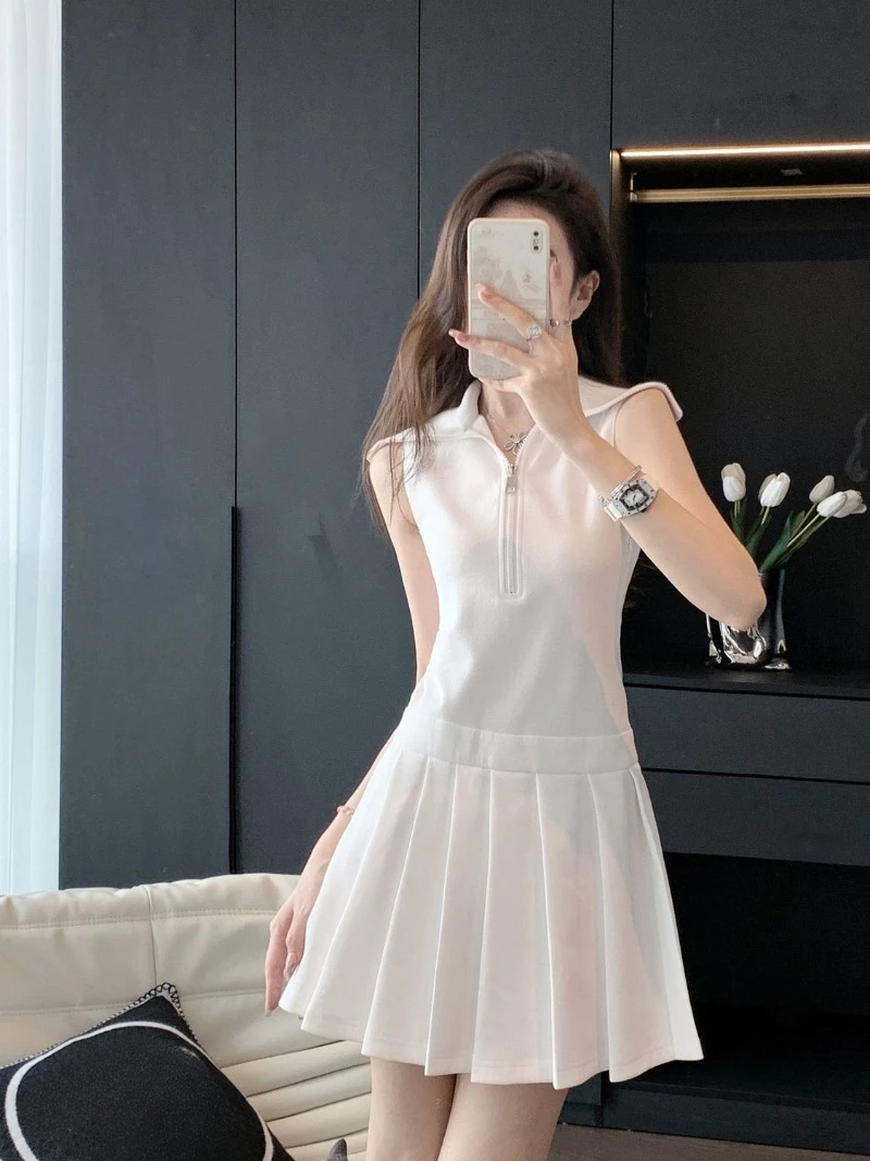 White Polo Neck Sleeveless College Dress Women Korean Sweet Solid Spliced Half Zippered Pleated Temperament Slim Summer Wear